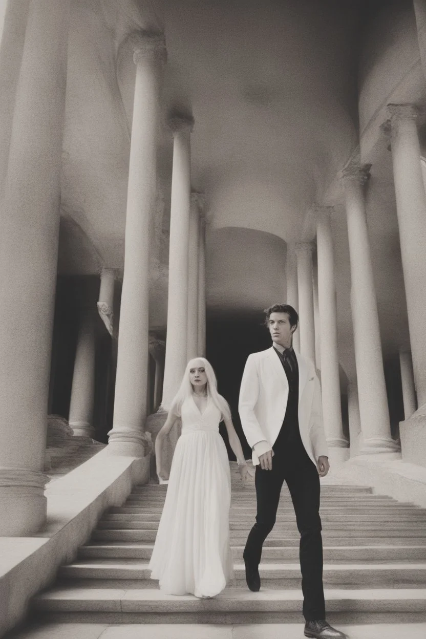 Woman with white hair wearing a white dress, walking down a sunlit stone hall, AND a handsome man in the background lurking in the shadows with long black hair