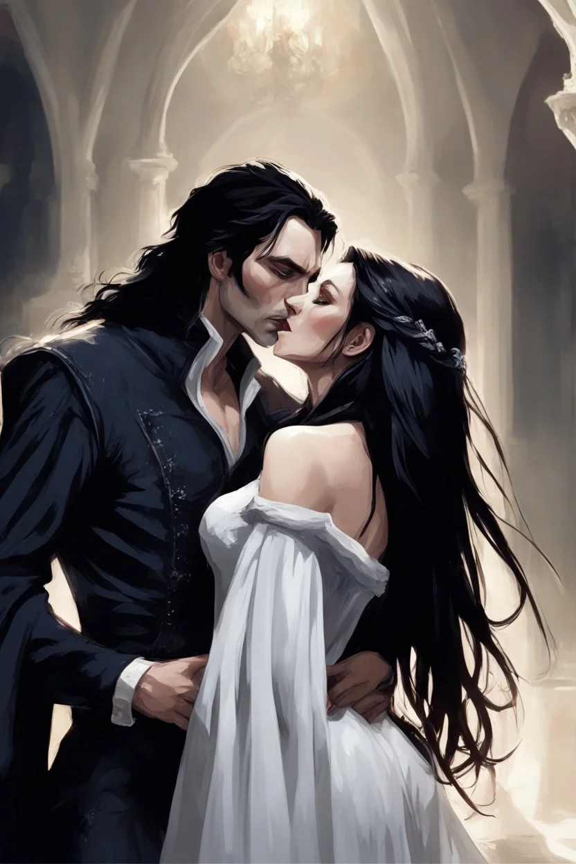 Strahd Von Zarovich being kissed on the neck by a beautiful woman with white hair, wearing an off the shoulder dress. Settling and background are a lavish toomb with an ebony coffin.