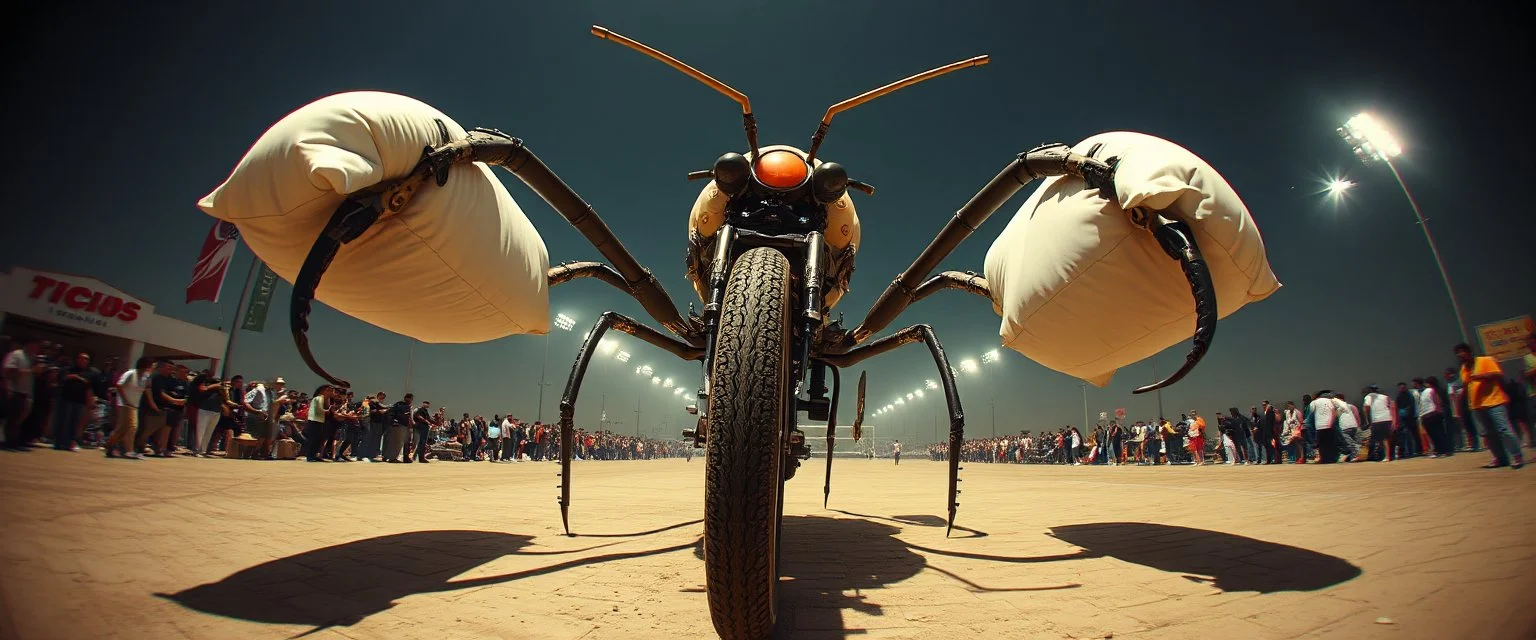pinhole cam, airbrush 3d rendering, cyberpunk robot The Mantis Pillow Fighter, huge mech 🦗🥊 A bizarre upright bicycle-creature, front wheel replaced by articulated mantis-like arms carrying enormous inflatable pillows, looking far too serious about complying with official pillow-fighting regulations.