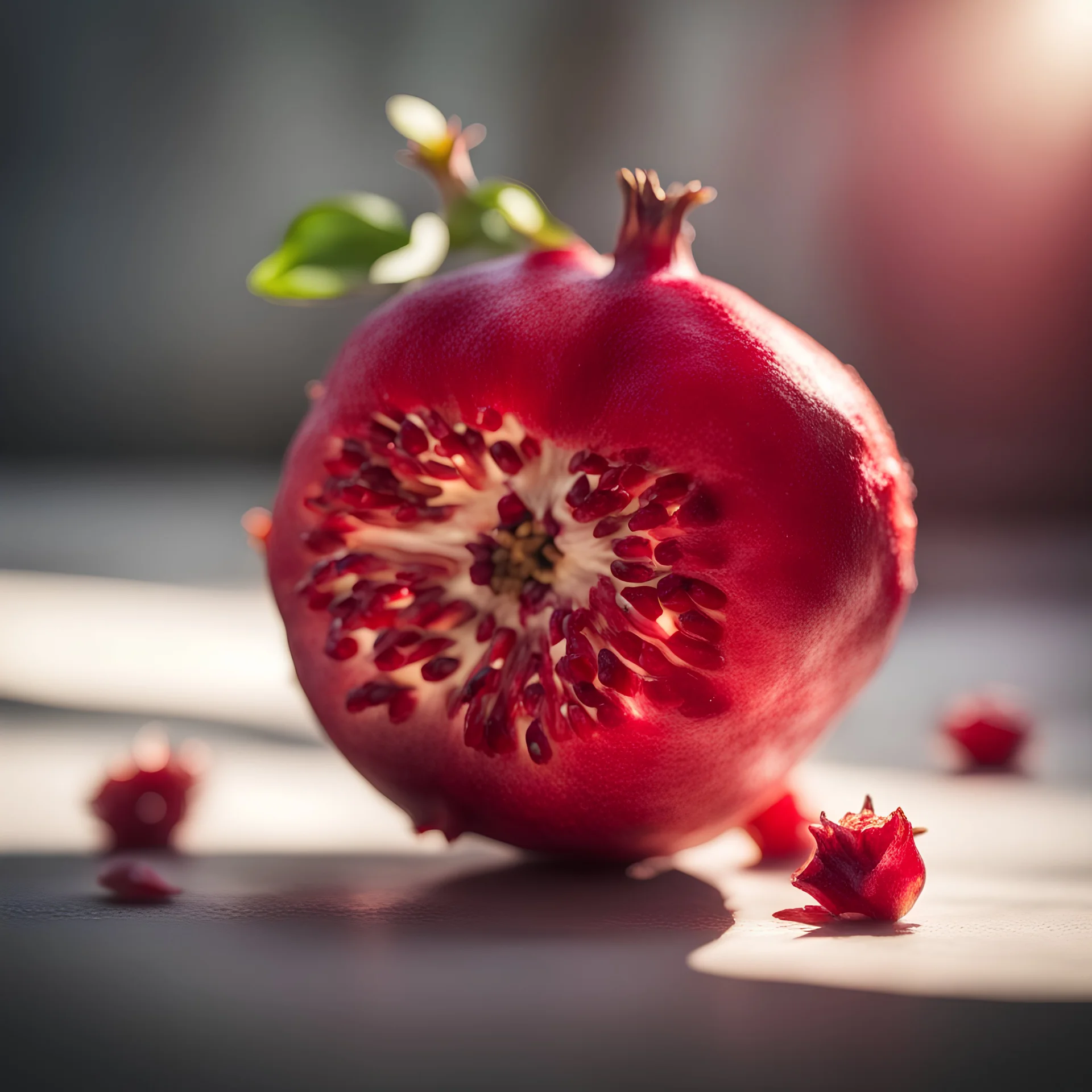 a red pomegranate, back lighting, blurred background