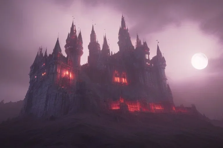 fantasy castle burning under the moon