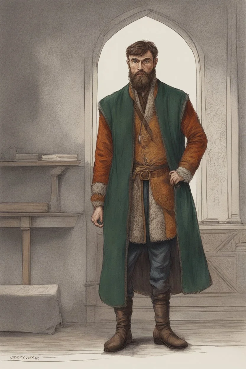 man, medieval, fighter, russian, croocked nose, czar, rich, simple clothes, short messy hair, thick beard, oligarch, brocade coat with fur, brocade clothes, pencil drawing, muscles, 20 years old, medival leather bootsspitz, gewand aus seide