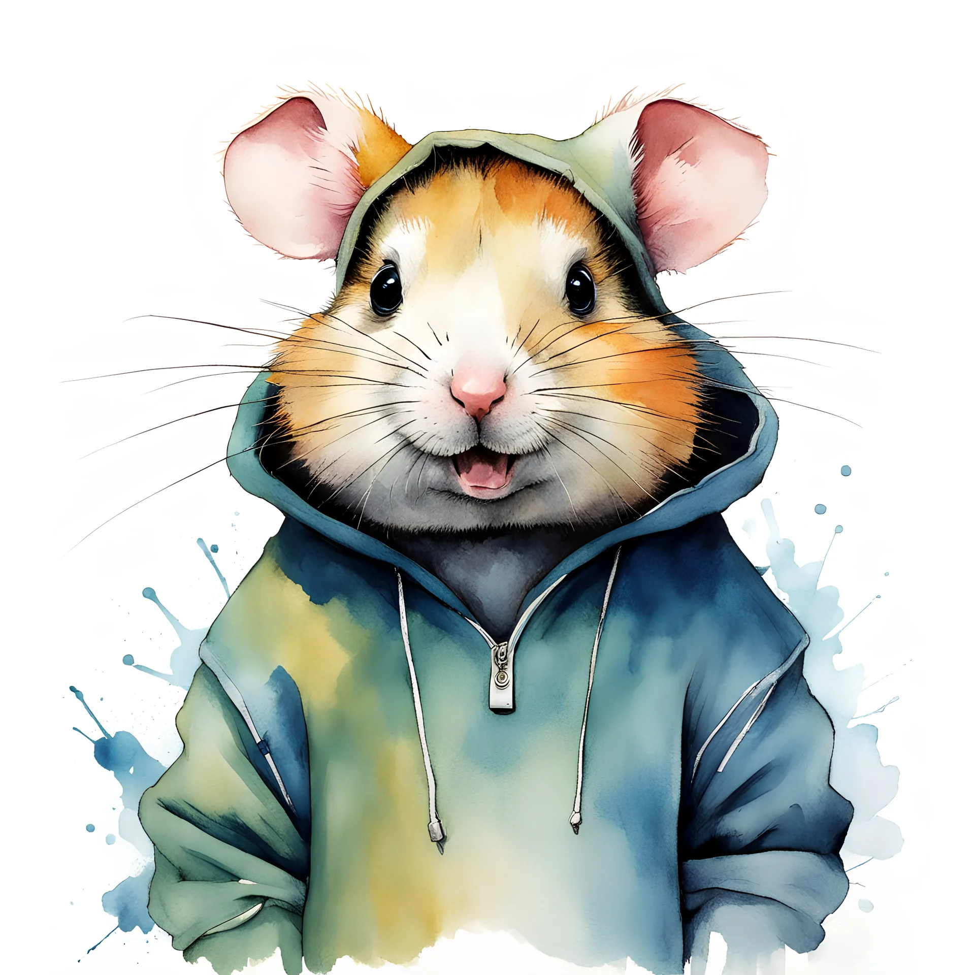 modern composition, adorable hip hamster in a hoodie looking confused, by Alex Maleev and Gerald Scarfe and Zdzislaw Beksinski, watercolour style, negative space, loose brush strokes