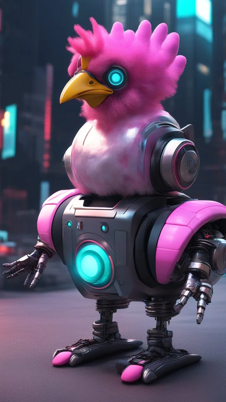 CHICKEN robot made of cotton candy, sci-fi, cyberpunk, full body, ultra realistic, virtual reality, cyberpunk city and colors