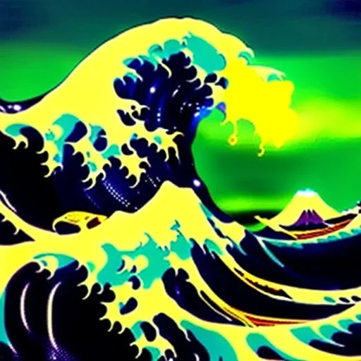 The great wave of kanagawa painted with clouds of colours,ystical colors ,perfectly centered image, perfect composition, rim light, beautiful lighting,masterpiece ,8k, stunning scene, raytracing, anatomically correct, in the style of Simon Bisley and Ohrai Noriyoshi and robert e howard and Steve Jung and Wizyakuza and uncannyknack