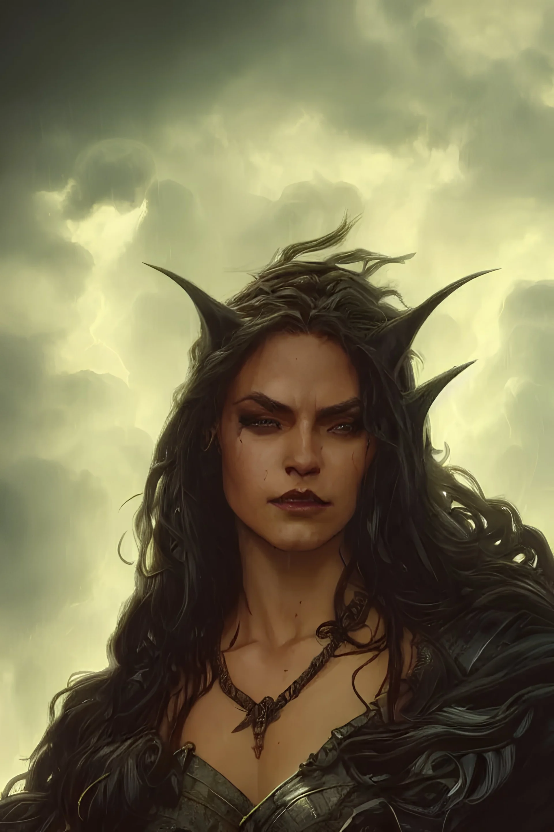 An epic fantasy comic book style portrait of a female orc, stormy setting, movie lightning, intricate, elegant, highly detailed, digital painting, artstation, concept art, matte, sharp focus, illustration, art by Artgerm and Greg Rutkowski and Alphonse Mucha