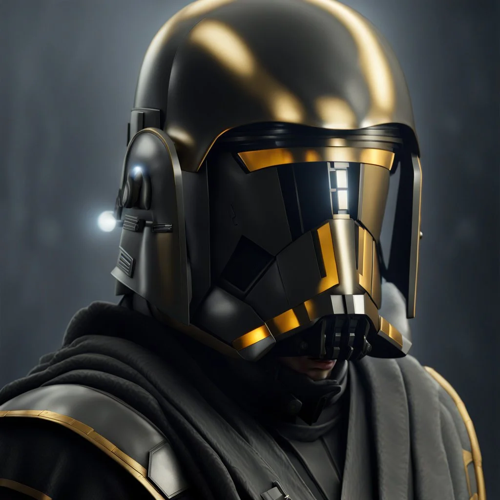 star wars bald male corellian pilot wearing dark gunmetal grey and black First Order special forces TIE pilot armored flightsuit and helmet with gold trim inside the jedi temple, centered head and shoulders portrait, hyperdetailed, dynamic lighting, hyperdetailed background, 8k resolution, volumetric lighting, light skin, fully symmetric details