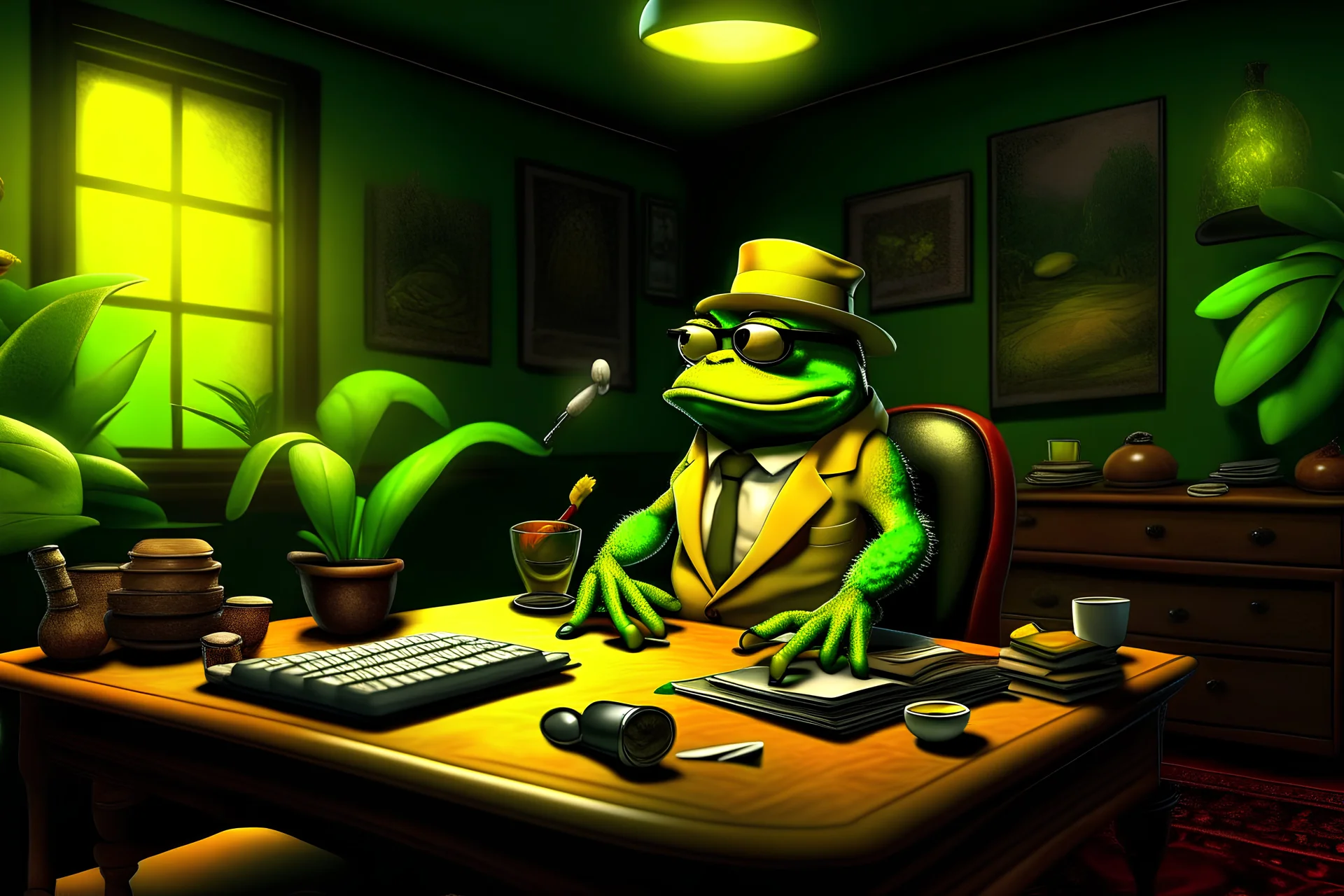 Pepe the gangster frog smoking a phat cigar in the lounge, tape decks on a noir desk, large yellow coned speakers with plants