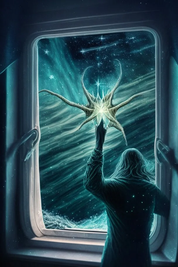 cthulu cutting window off patient , with background angel star field seen in the window of a boat, 4 k, trending art, depth of field