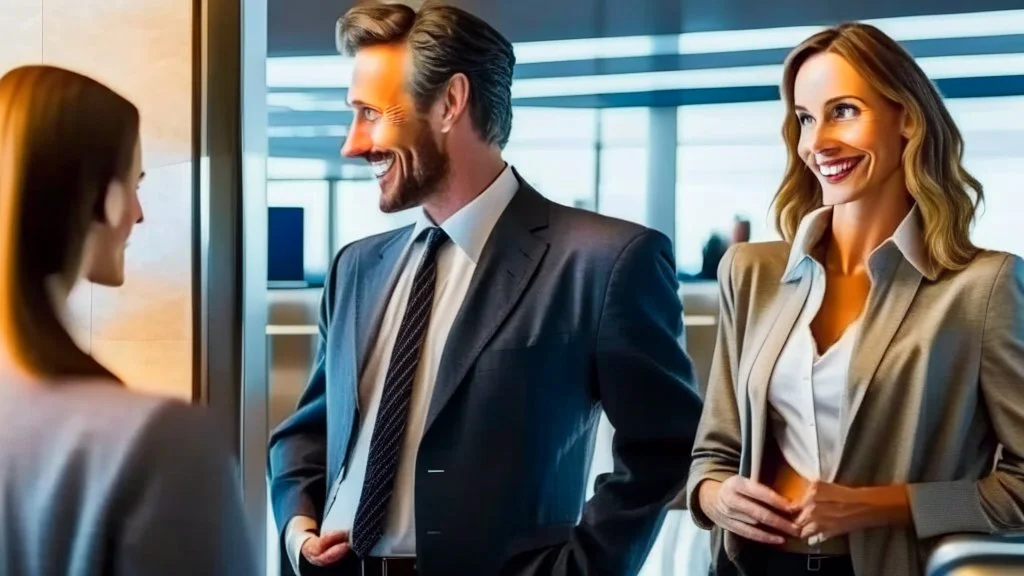 creepy man flirting with woman at entrance of airport lounge