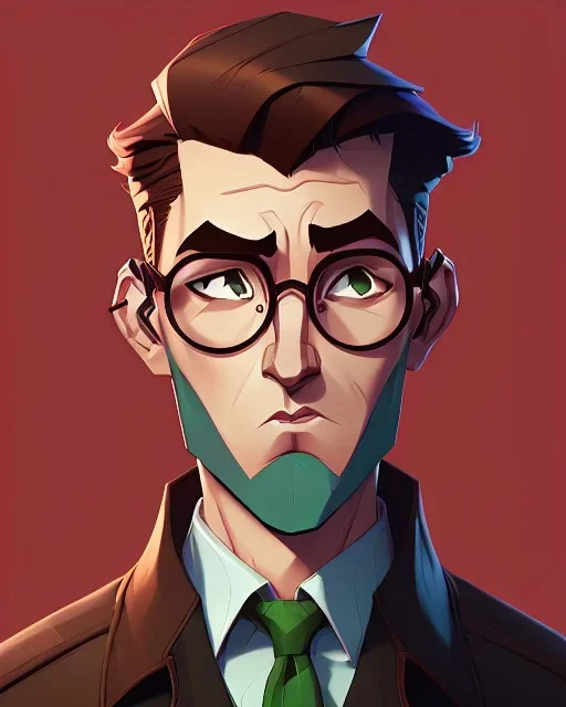 Fit man in round glasses, wavy hair, stubble,no beard, slim, tie, monotone, green eyes, comic book style, two tone colours, detailed, ink, realistic, handsome, square jaw, big brows, no jacket, bird on the shoulder, spotlight