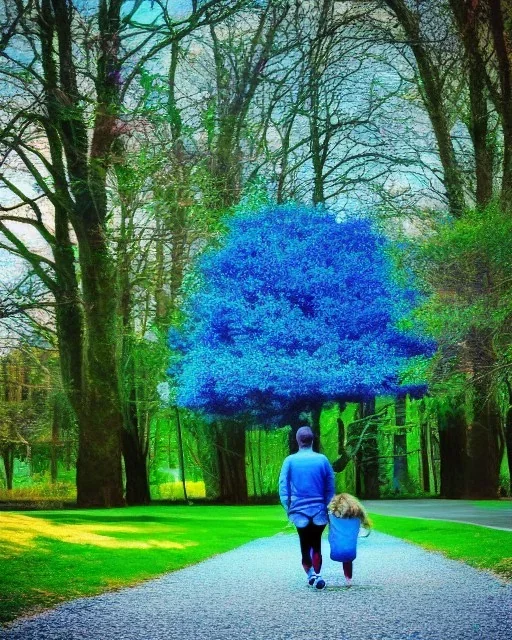 park mystical dream, park bench, man, woman, child, dog, pretty blue and purple trees, blue path, bird, jogger, sunshine, mystical, fantasy, romanticism, cinematic, cinematic lighting, award-winning, beautiful colors, daylight, daytime,