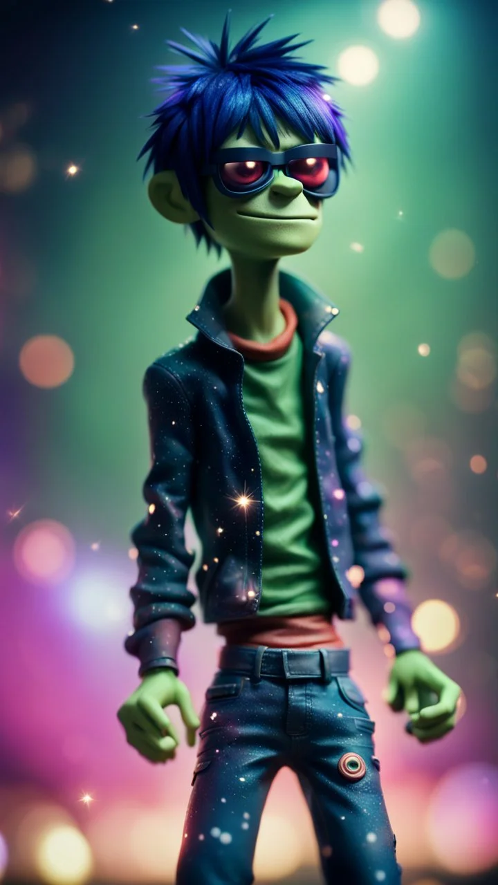 full figure portrait of Murdoc from Gorillaz looking flying through space glittering dust with arms folded on stage,bokeh like f/0.8, tilt-shift lens 8k, high detail, smooth render, down-light, unreal engine, prize winning