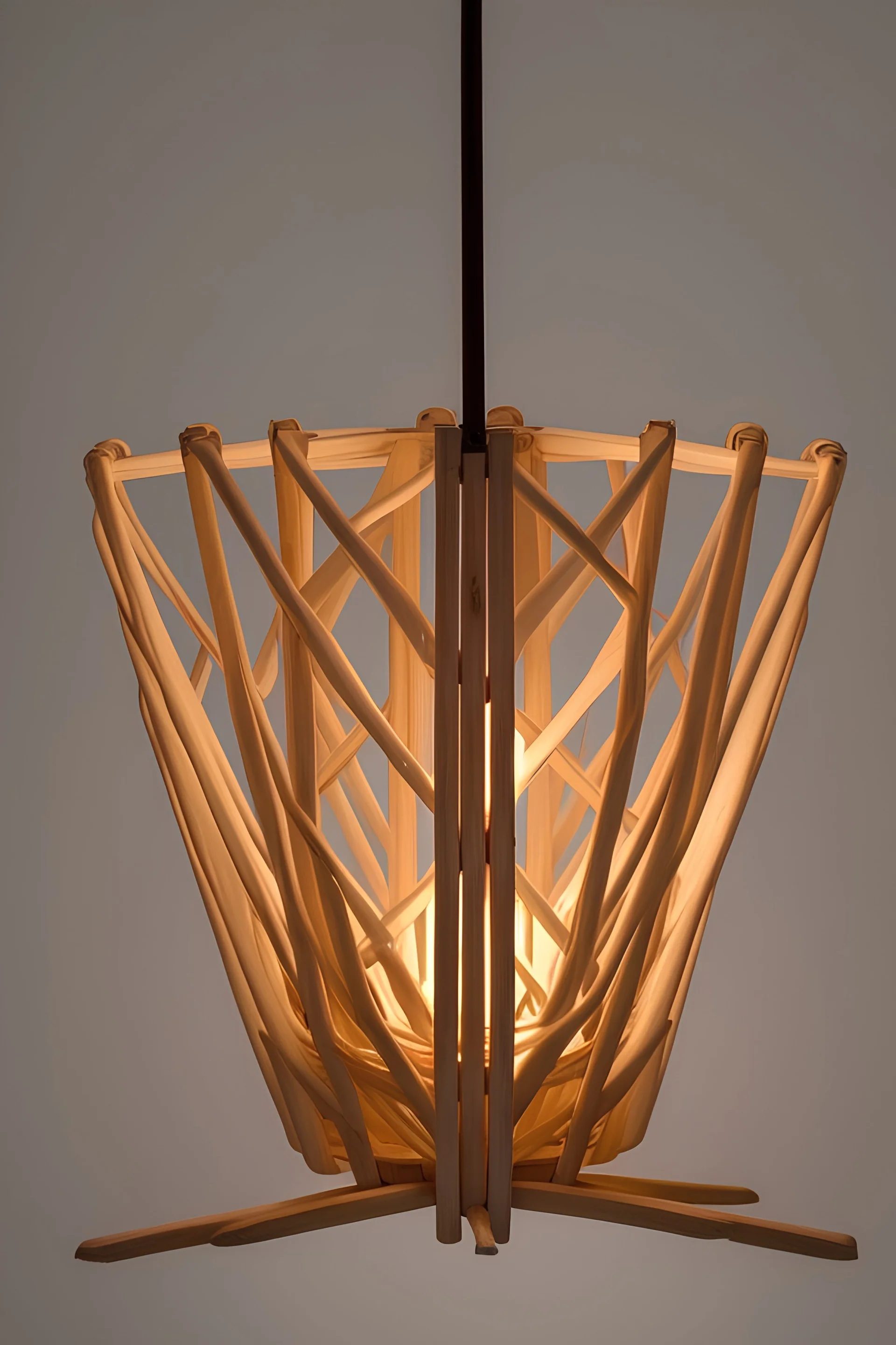 Cane lighting fixture which is of a different form and woven and there is a play of light and shadow. It should mimic nature and should include any other material with cane in the same fixture