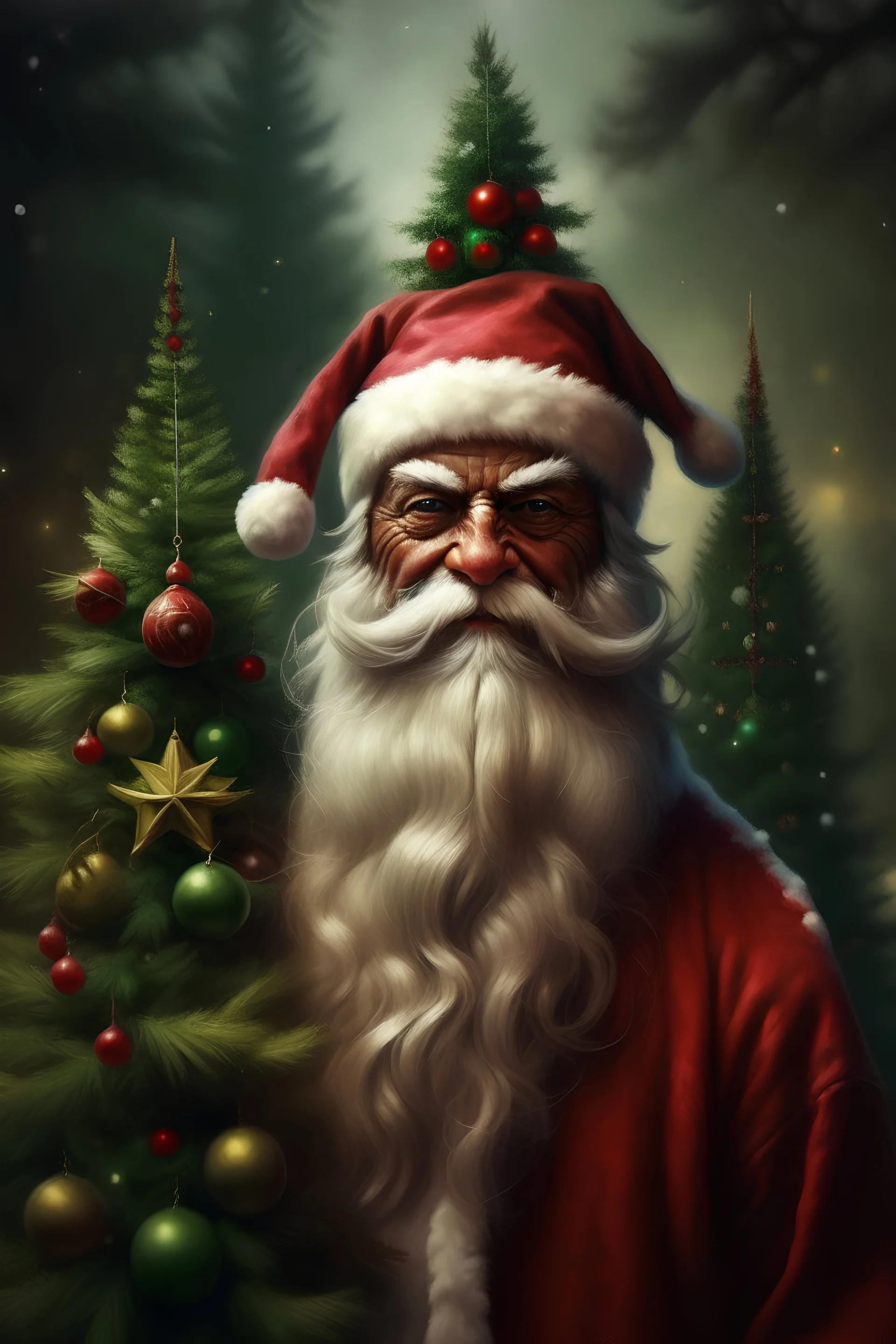 a Christmas picture where Santa Clauss standing beside a Christmas tree. Santa are not supposed to have horns on his head. use colors. realistic