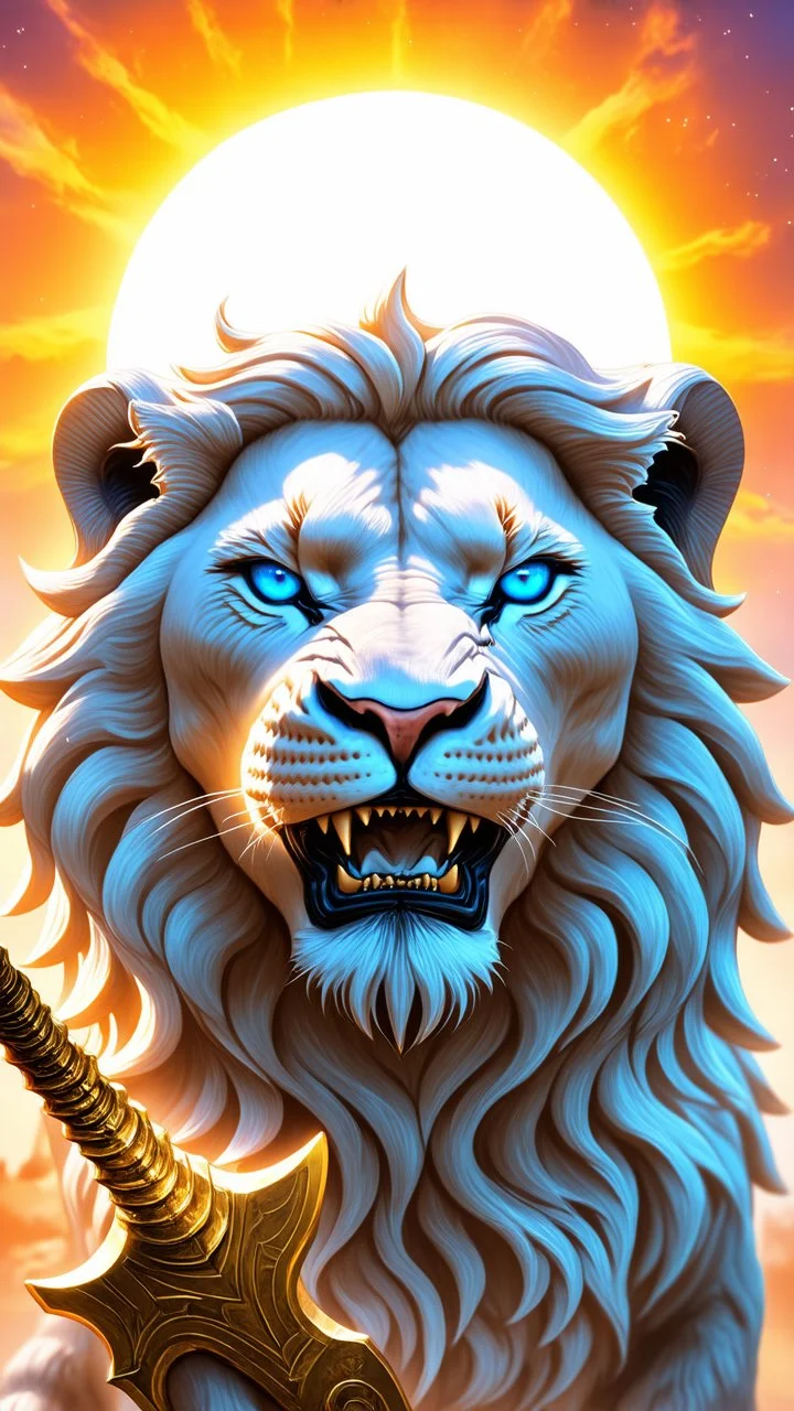 The face of a powerful white lion with roaring blue eyes and a large full sun behind her head and a golden sword in her hand in a beautiful and amazing view and psychedelic atmosphere.