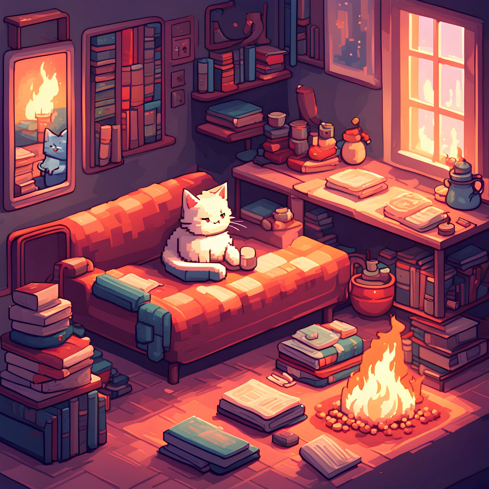 A pixel art cat lounges in a cozy pixel art home, surrounded by books, yarn, and a warm fire.