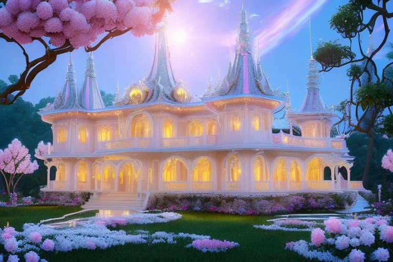 a magical crystal flower magnolias pink gold house palace in the woods, magnolias pink,blue lake,sun,white swanns,pink vertical, blue lake,sharp, vines, candlelit, endor, ornate, elegant, highly detailed, artstation, concept art, smooth, sharp focus, illustration, 8k, splash art, wallpaper, key visual