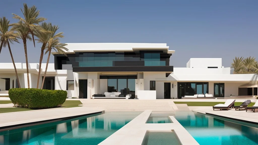 Description of a modern Emirati style villa: Located on a magnificent piece of land in the heart of the Emirates, our villa embodies the finesse of design and detailing that promises a luxurious residential experience. This two-story villa, with its elegant and contemporary spaces, stands out. The exterior walls of the villa are made of black and white stones, adding an elegant and luxurious touch to the design.Pictures of the villa from four sides