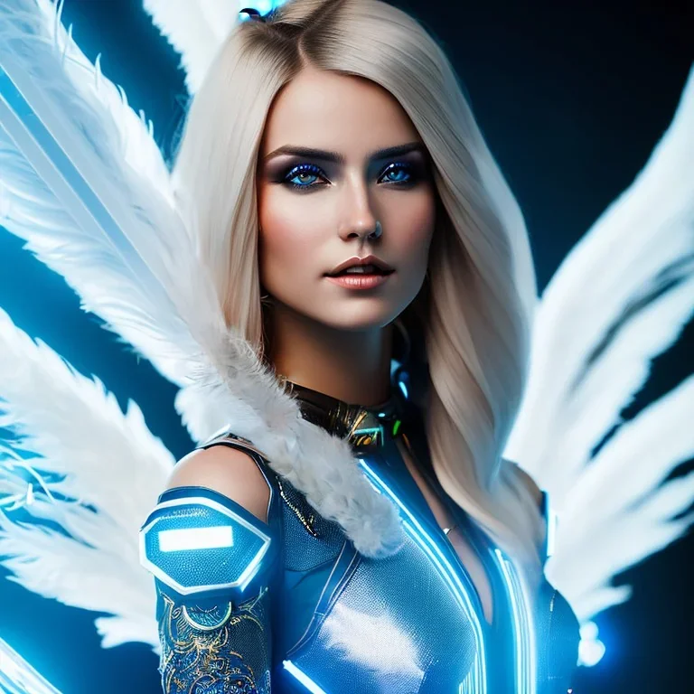 A beautiful portrait of a cute smiling cyberpunk woman with wings, long blond haire, high key lighting, volumetric light high details with white stripes and feathers and blue celtic paterns and luminous glasses in a starry background