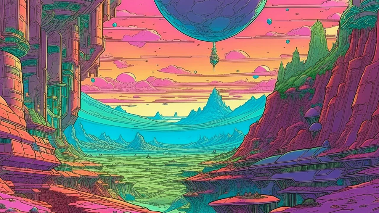 "Visualize an alien world, illustrated in the unmistakably surreal yet intricate Moebius comic style. Imagine extraterrestrial landscapes teeming with unknown flora and fauna, brilliant hues that dare to redefine the color spectrum, and architectural anomalies defying the laws of physics. This is not just a backdrop, but a living, breathing entity converging on the canvas of our imagination."