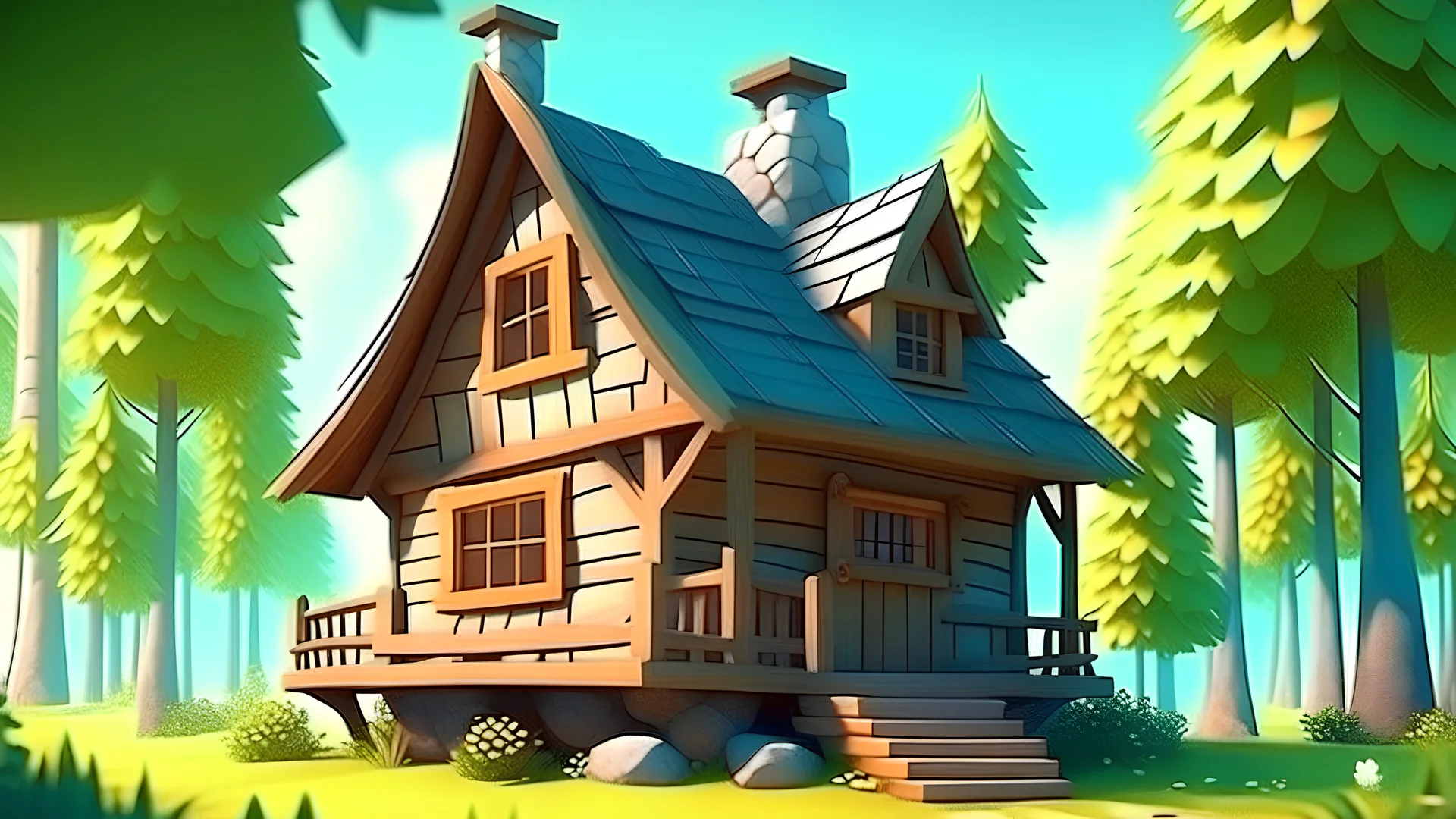 small cute fantasy wooden house near a forest, daytime