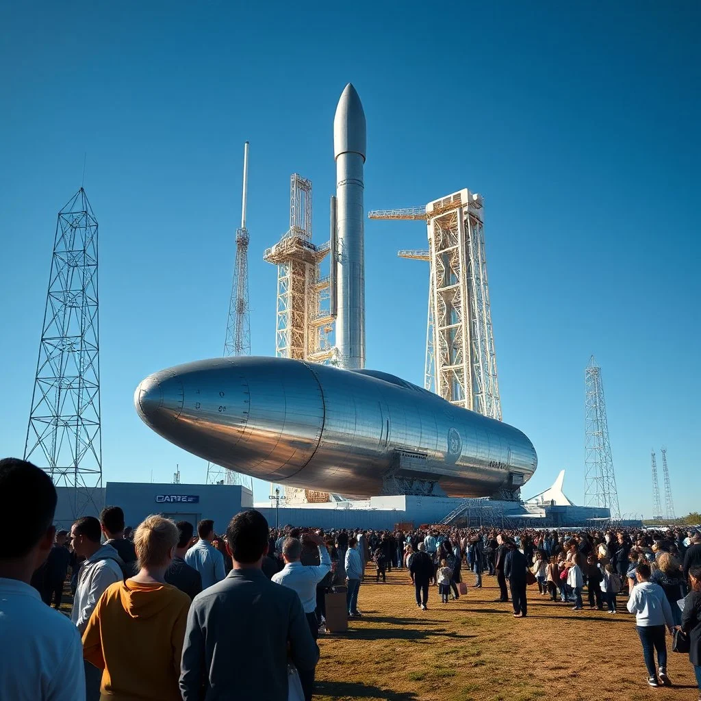 Fotografia alta definizione di un'astronave d'acciaio e leghe avanzate, mastodontica, da poco partita dalla rampa di lancio. È il 12 gennaio 2159. Migliaia di persone osservano a debita distanza. 8k, 3d render, F/2.8, cielo blu limpido