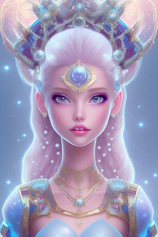 cosmic princess girl belle fine, profil de trois quart, grand front cosmique, peau bleu cristalline, yeux bleu, perle sur le front long cheveux blond et rose etoilé cristaux sur le corps, collier de grande princesse, levres souriante, très jolie sourire