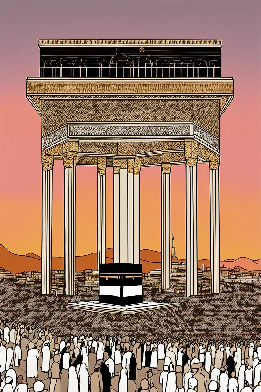 An image of the Holy Kaaba at sunset in 8K resolution thin lines draw