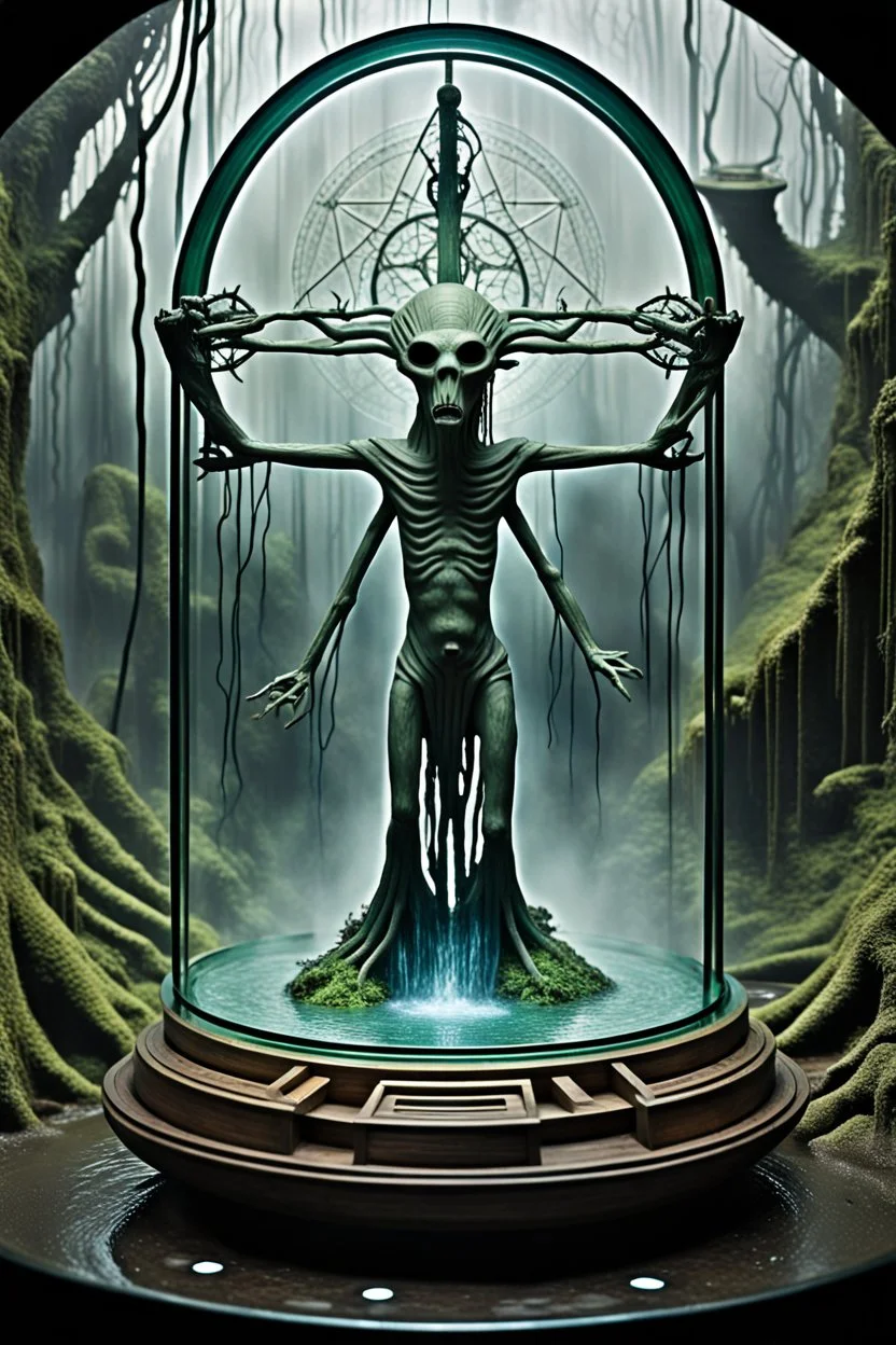 sacred geometry framed action figure card of a crucified alien necrophyte electric eel necromancer on round swamp transparent glass obcidian boat beholder eye wheel throne in a charged foggy jungle waterfall, with withered filmgrain in the style of Munch