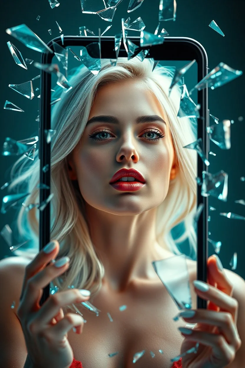 A stunning blonde woman emerges dramatically through a shattered smartphone screen, surrounded by flying glass shards, hyper-realistic details, ultra-high resolution, cinematic lighting, teal and turquoise tones, sharp reflections, immersive depth of field, futuristic surrealism, concept art style, 8K, unreal engine render, volumetric lighting, photorealistic face, elegant expression, sleek modern aesthetic, dynamic action shot.