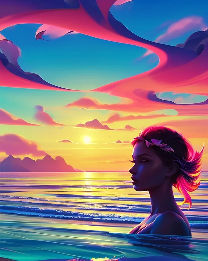 Stunning conceptual beach scene illustration in the silhouette of a woman's face. Beach with vibrant colors, sunset sky and coast with palm trees. Cinematic black background, looks like a window to a tropical paradise.12k 3D HD hyper-realistic Image quality CodeFormer AI 12K, cute flower fairy with bright wings like morning dew, flutters from flower to flower. Hair in curls, adorned with petals and pollen, mysterious phoenix woman, her silhouette made with interconnected and integrated elements