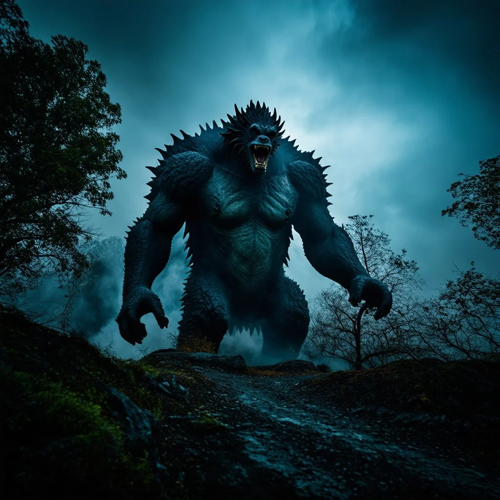 The atmosphere is eerie, suffocating, and raw, with the feeling that the camera operator is witnessing something forbidden and legendary — a colossal being that has been hiding for ages, suddenly revealed. The image must feel authentic and unpolished — like amateur footage captured in real time. Prioritize pixelation, color noise, digital compression artifacts, motion blur, and the unsettling atmosphere of being near a gigantic shadow-creature. Do not stylize or modernize.