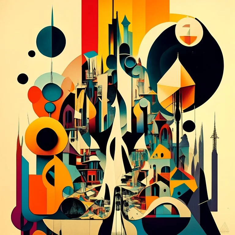 Eclectic Surrealist Fusion, stylish, double exposure, Kandinsky, Yerka, interrupted city, dada