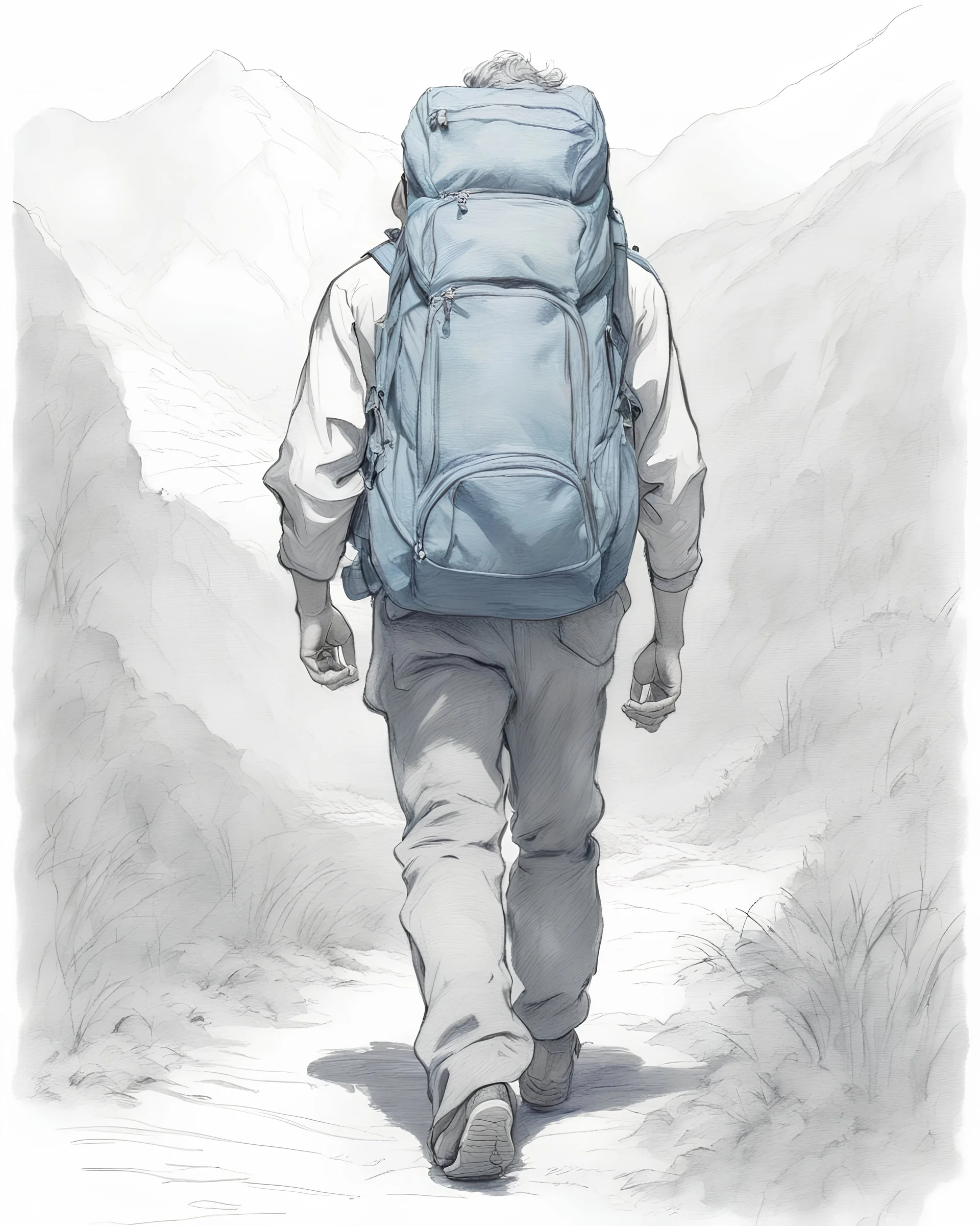 Drawing of a traveler man with backpack walking towards a bigglobe, drawing with a blue ink pen Inspired by the works of Daniel F. Gerhartz, with a fine art aesthetic and a highly detailed, realistic style