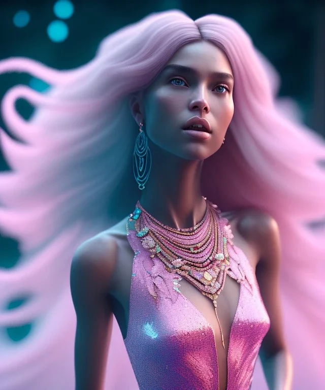 A portrait of a crystalised nude goddess, atmospheric, realistic, unreal engine, cinematic lighting, octane render, transorent, pink turquoise light