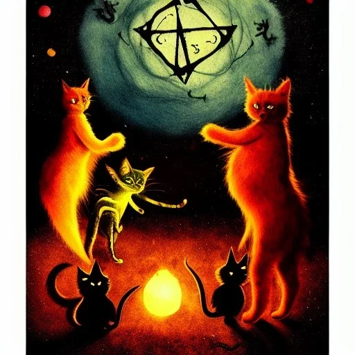 a matte digital painting of witch cats summoning a demon from a pentagram, bokeh, bright colours, watercolor, volumetric wool felting, macro photography, children illustration, by john atkinson grimshaw