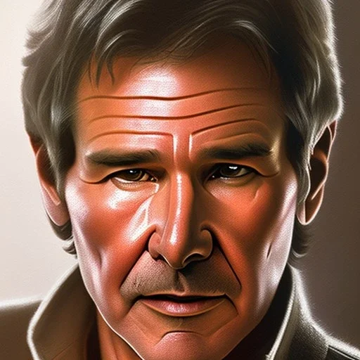 stunning photo realistic detailed head to waist portrait of harrison ford as han solo in star wars with photo realistic short hair, brown eyes, professional painting by drew struzan, trending on artstation, Sharp focus, weathered skin,space jacket from star wars