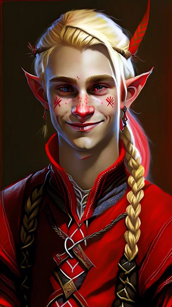 A young elf with blond hair in a single braid and a smirk. He is dressed in an artist's costume mixing red and black as the main color.