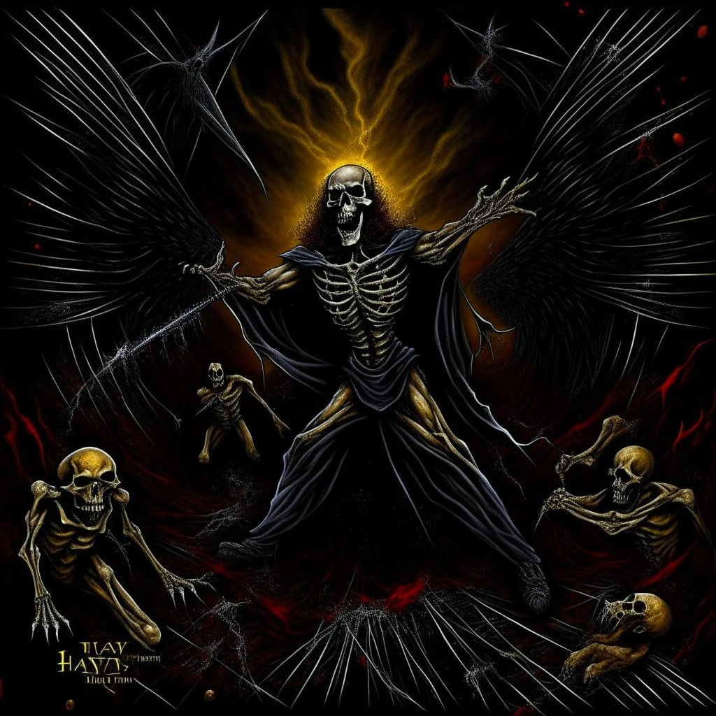 Title "SLAYER" heavy metal cover art, depiction of lyrics (Dance with the dead in my dreams Listen to their hallowed screams), by Larry Carroll and Arturo Souto, unsettling, surreal, sinister, profound, dramatic, macabre