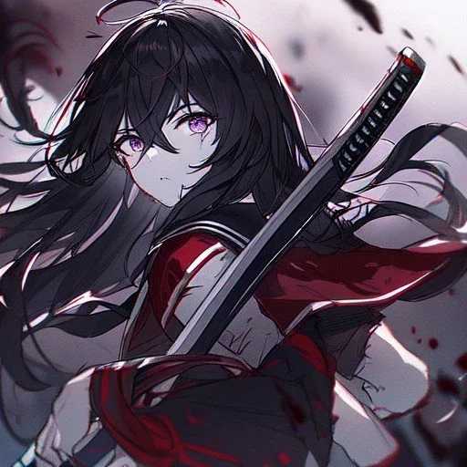 Clear focus, High resolution, rough line sketch art, long black hair, hair between eyes, fluffy hair, purple eyes, wearing a black and red sailor uniform, dark aura, mad, holding katana, bloody mess