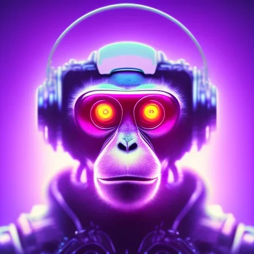 A beautiful portrait of a cyborg monkey purple neon color scheme, high key lighting, volumetric light high details psychedelic background