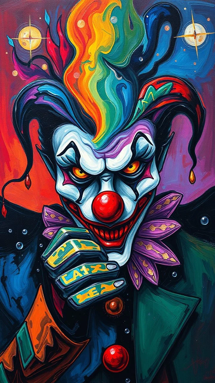 Abstract espresso ominous and fauvism ,the painting of the clown , northern lights, aesthetic, mesmerizing,rich colors, painted by Salvador Dali, highly detailed, 32k