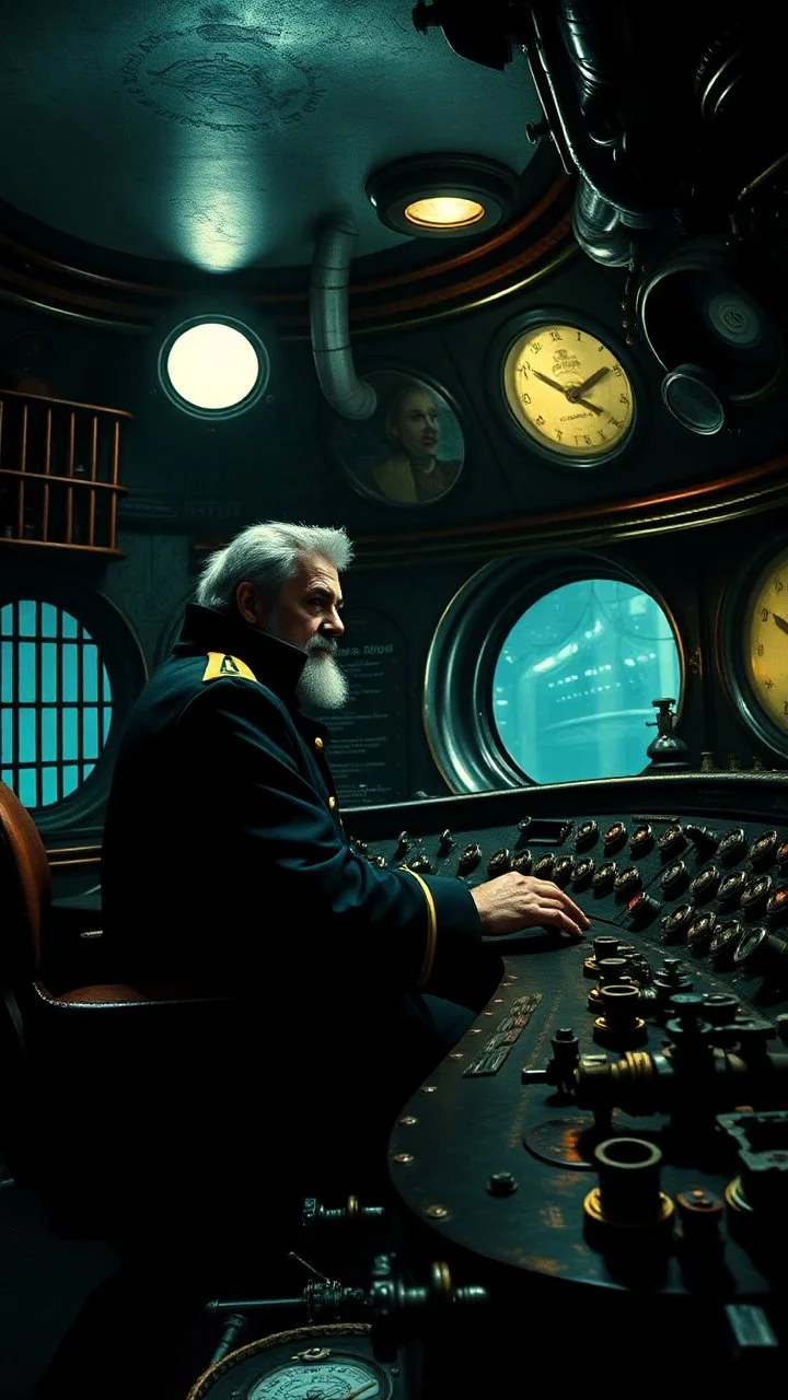 Captain Nemo sitting in a dark submarine control room , inside the submarine room that is filled with cages and buttons and valve on the control dashboard paint it in the baroque style,