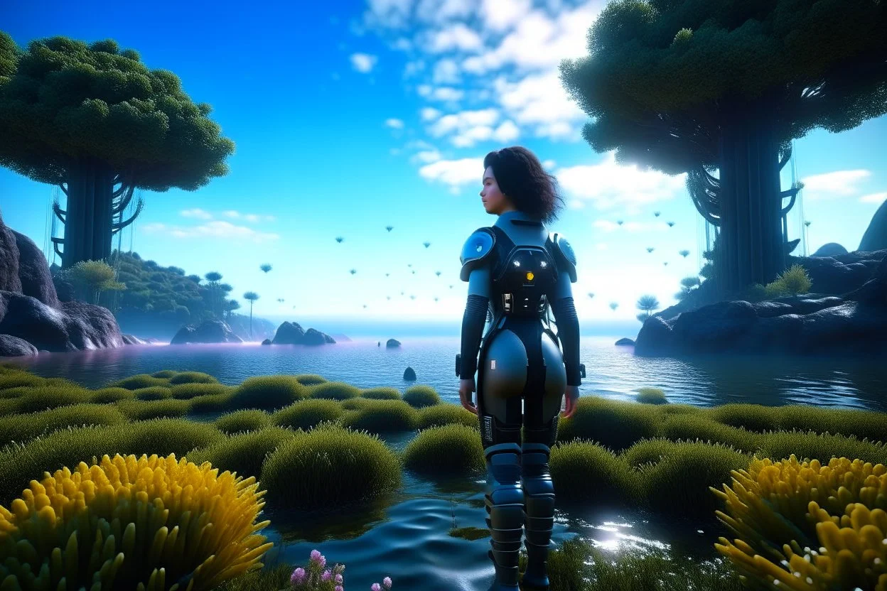 young woman in an android suit with dark hair, standing on the shore of an alien sea. Floating forests with dandelion tops in the distance