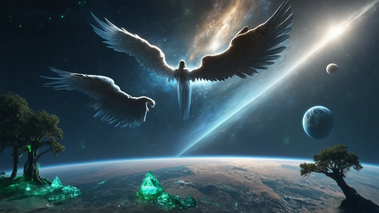 matrix universe, space, planets, god creation, angels from other dimensions with beautiful wings, trees on the planet, behind green crystals of light, few tiberium monolith deposits on the planet near tree,