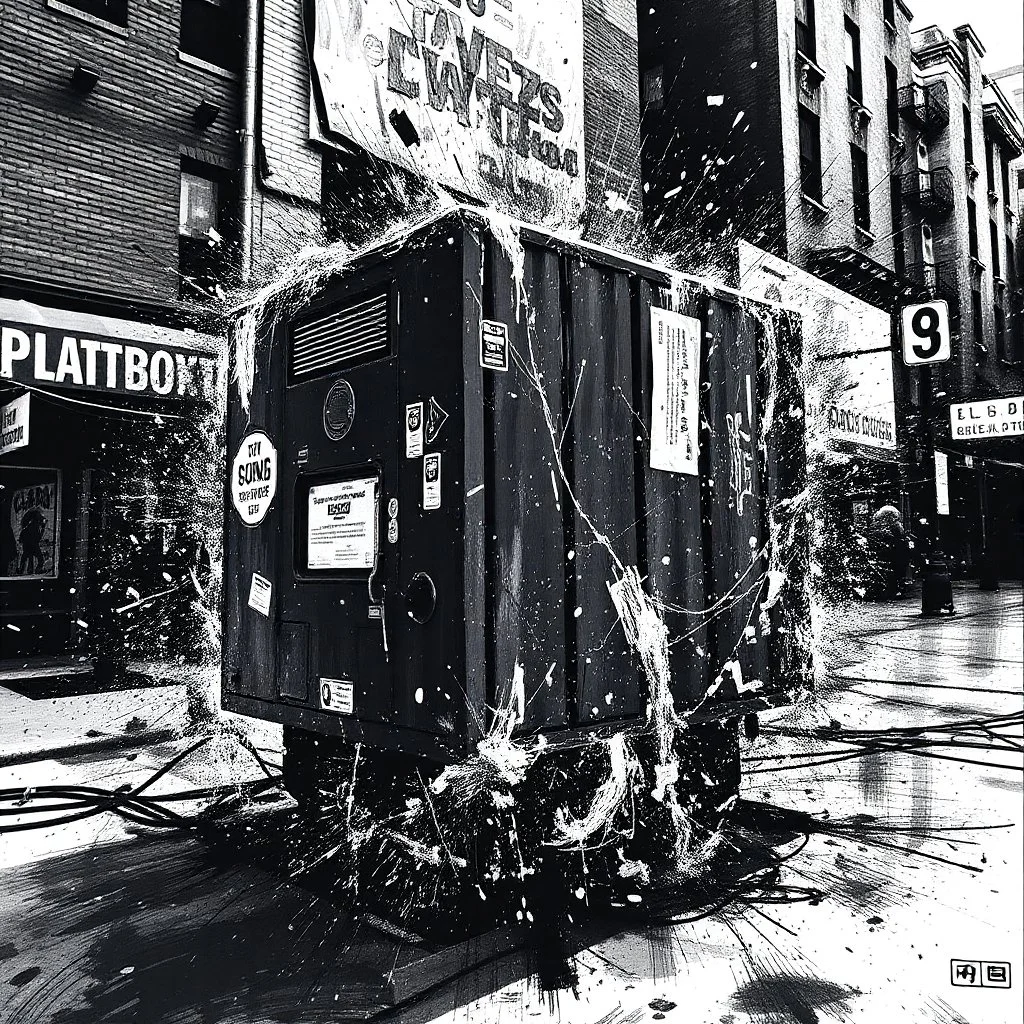 dirty back streetsbright ghettoblaster abstract particles waves length sonic capacity black and white cube