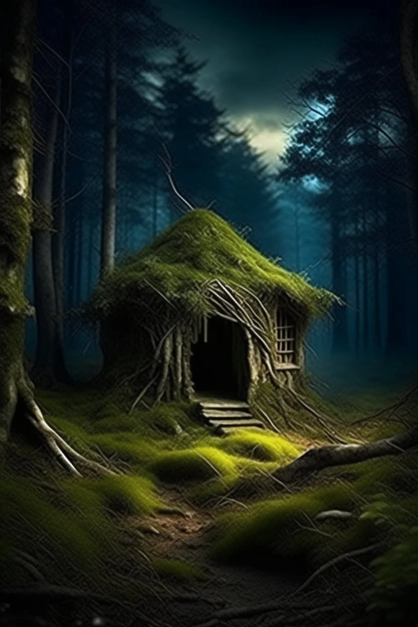 magic fabulous forest, old dilapidated hut in the forest, moss on the ground, fantasy, photorealism, clear drawing of all details, dark, night, moonlight, mysticism