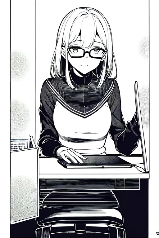 girl with glasses works on a computer in a cafe, line arts, greyscale