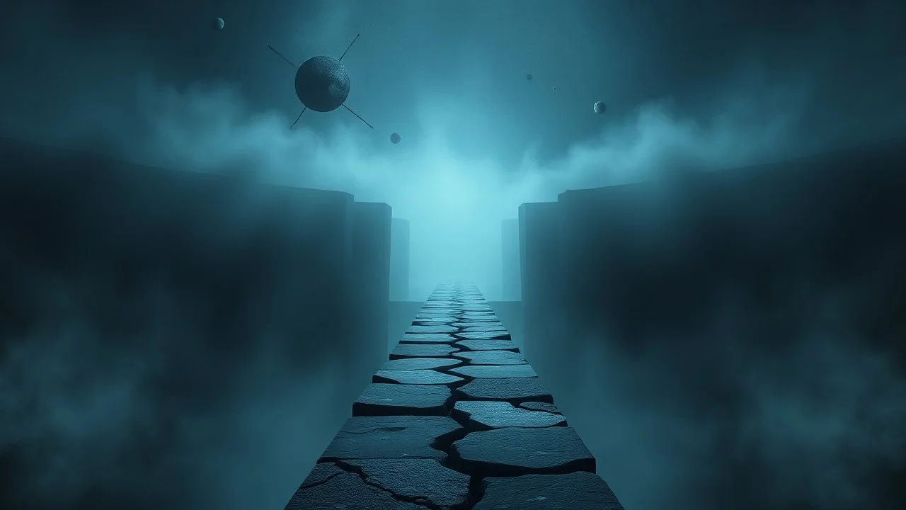 passage over nothingness, surreal, dark and cold abstract artwork dominated by deep blue, icy cyan, charcoal black and muted steel-grey tones. An narrow passageway emerges from an abstract distorted weird landscape, surrounded by thick fog and drifting mist. The space feels nightmare, alien and unsettling, with floating circle and line geometric forms, black onix column fragmented and unnatural perspectives. At the center of the composition cracked stone way over abyss
